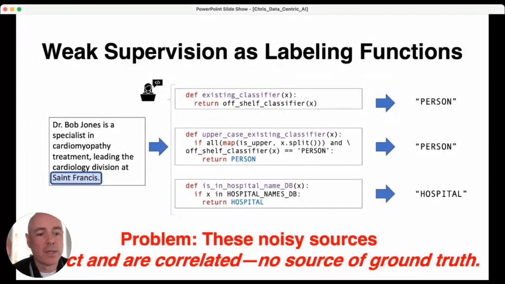 Weak supervision as labeling functions third example. These noisy sources act and are correlated - no source of ground truth