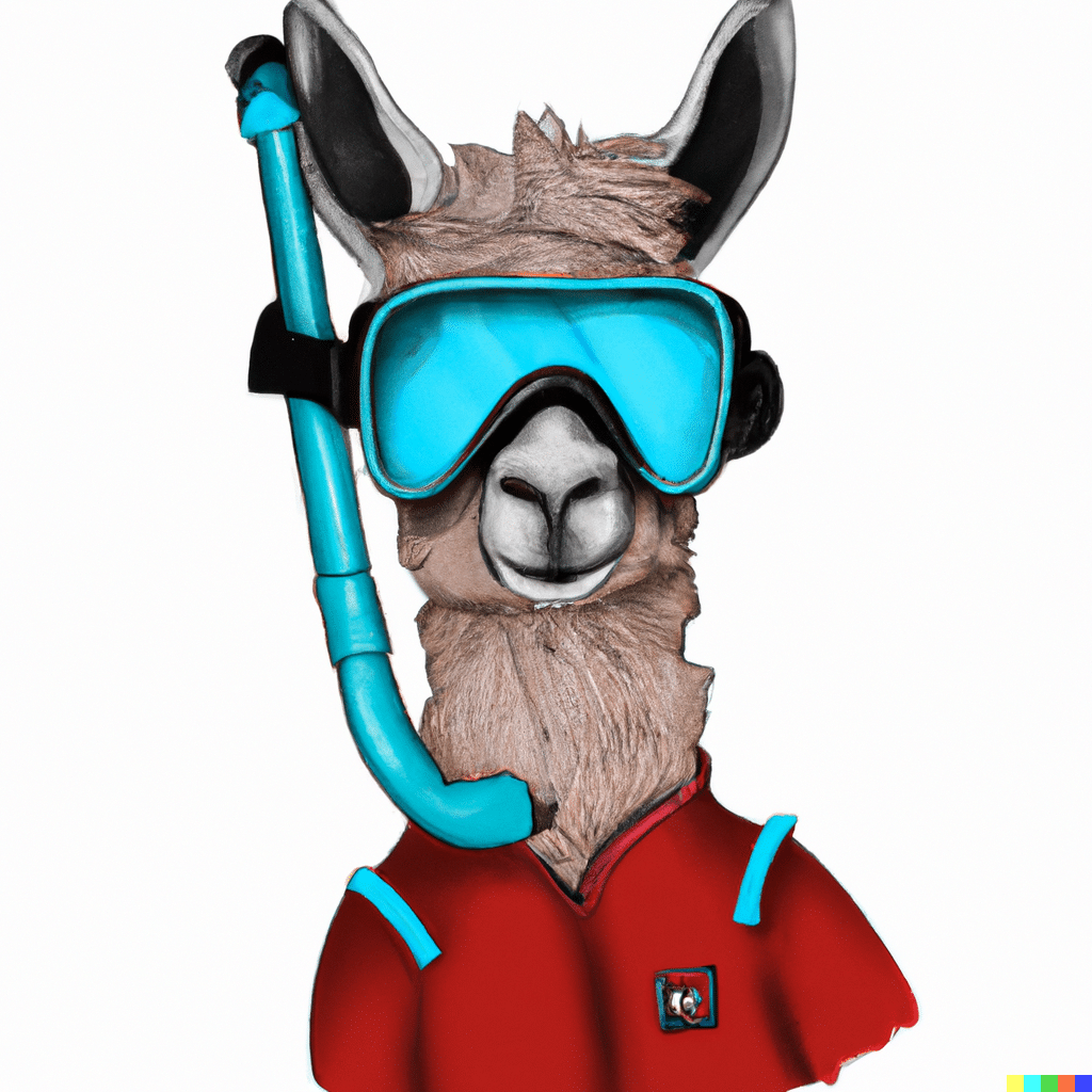 A llama in red pajamas wearing a snorkel and mask. Our little image for how GenAI data development.