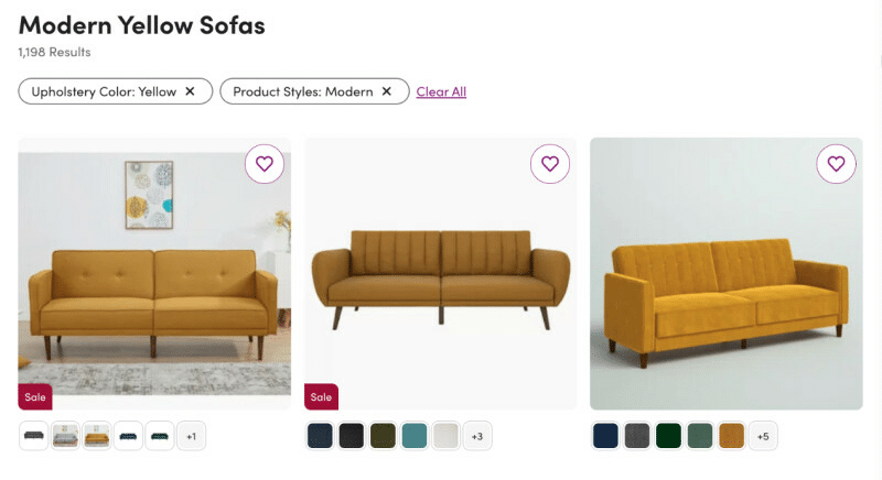 Wayfair search results use the tags "Upholstery Color: Yellow" and "Product Style: Modern" to show relevant results of modern, yellow sofas